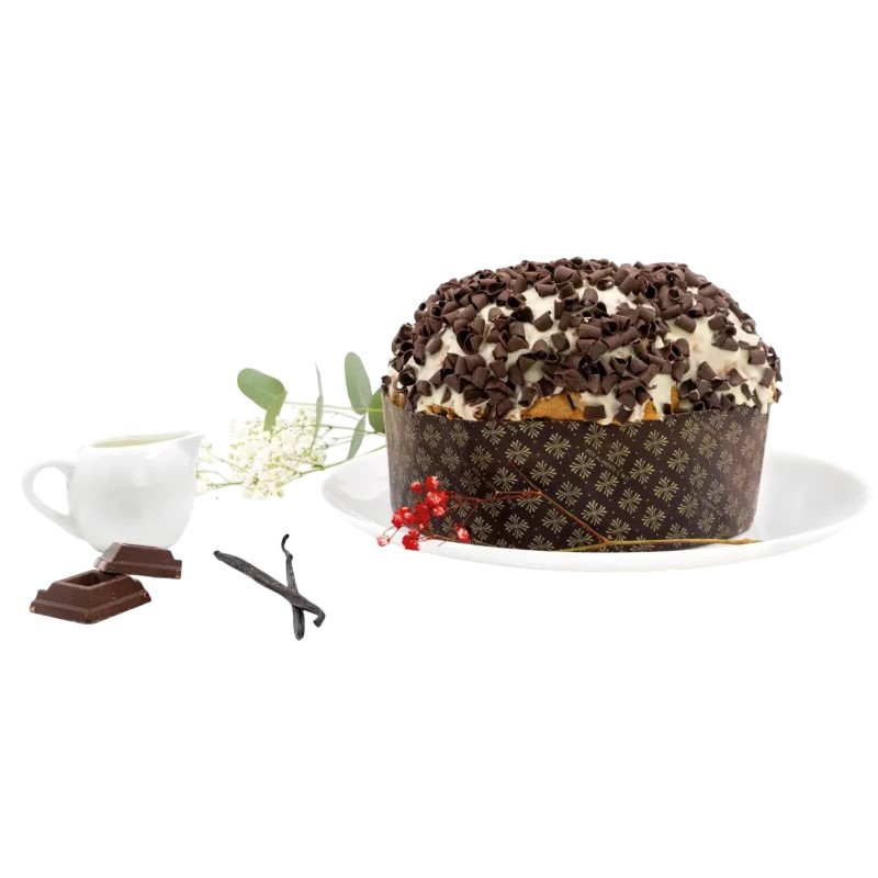 Panettone Artigianale Cioccolato sliced in half and full on plate