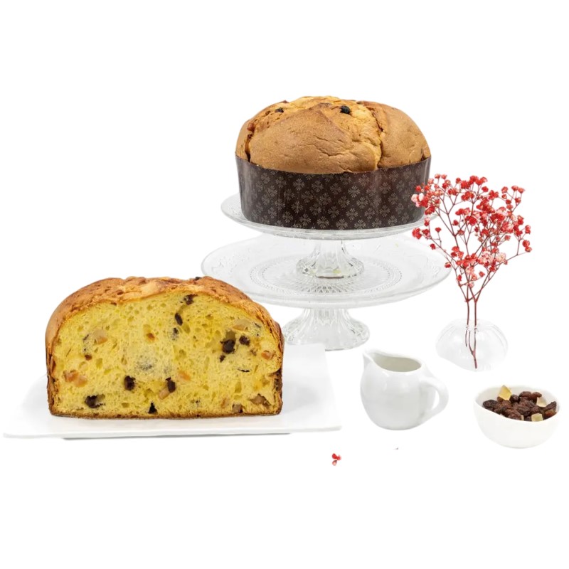 Panettone Artigianale Classico sliced in half and full on plate